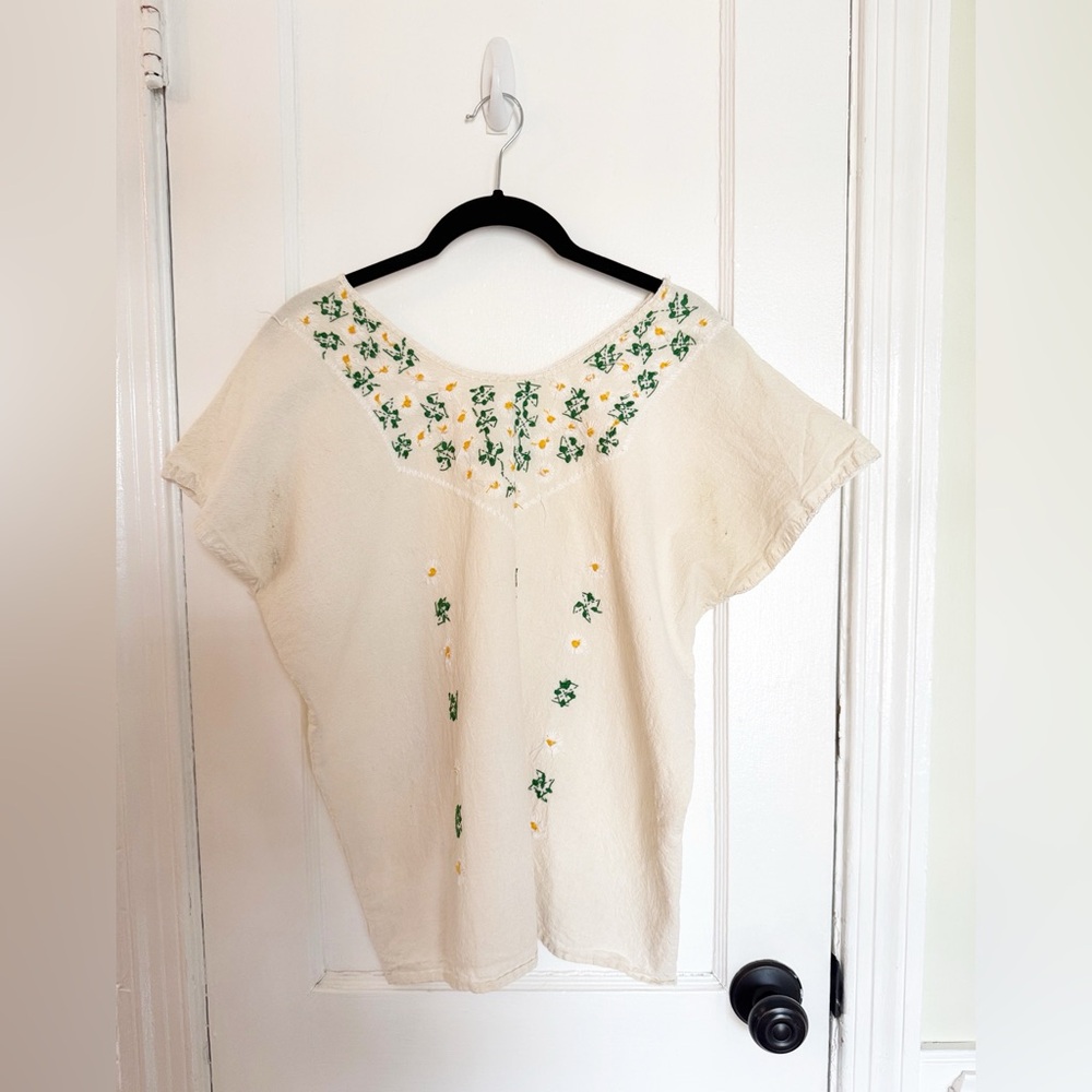 Mexican Floral Embroidered Cream Top